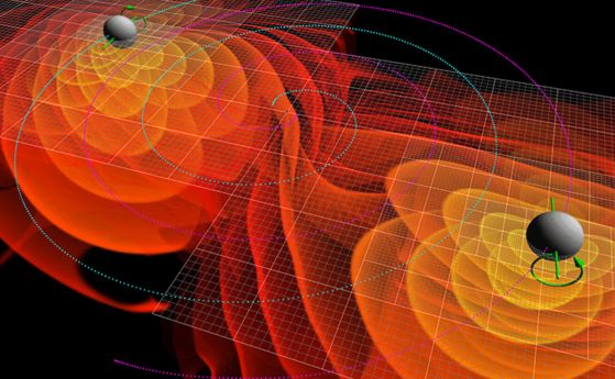 Откриването на гравитационни вълни (на илюстрацията) от сливането на две черни дупки, които се въртят в различни посоки (зелените стрелки), предполага, че те са се родили на много различни места. Ако това е така, за първи път се открива такъв вид сливане.
