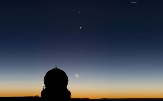 Меркурий и Венера, подравнени над Луната, наблюдавани от обсерваторията Cerro Paranal