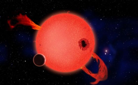 Илюстрация на подобна на Юпитер планета близо до звезда червено джудже от клас M. 