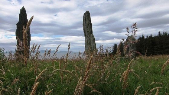 Скалните стоящи камъни Балокрой се издигат в затревено зелено поле във Великобритания.