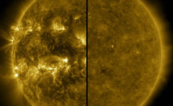 Изображение на слънцето, разделено наполовина. Лявата страна показва слънцето по време на слънчевия максимум, когато то е по-огнено и хаотично, а дясната страна показва звездата по време на слънчевия минимум, когато тя е по-спокойна