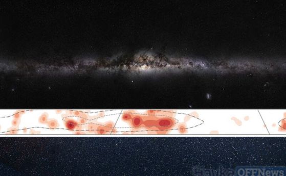 Комбинирано изображение на Млечния път, снимка от проекта на ESO GigaGalaxy Zoom project и IceCube Neutrino Observatory