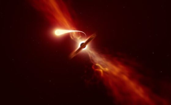 Изображение на звезда, разкъсвана от свръхмасивна черна дупка.