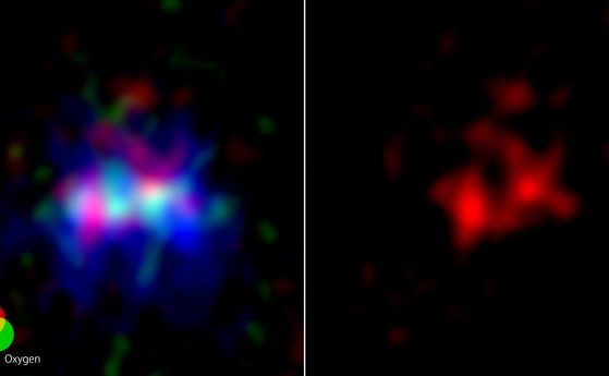 Вляво: наблюдения с Хъбъл и ALMA на MACS0416_Y1. Прахът е показан в червено, кислородът - в зелено, а звездната светлина, 