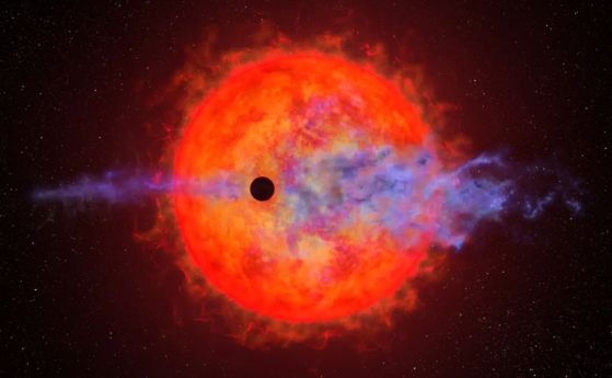 Илюстрацията на художник показва планета (тъмен силует), минаваща пред звездата червено джудже AU Microscopii. Планетата е толкова близо до изригващата звезда, че свиреп взрив от звезден вятър и ултравиолетова радиация нагряват водородната атмосфера на пл
