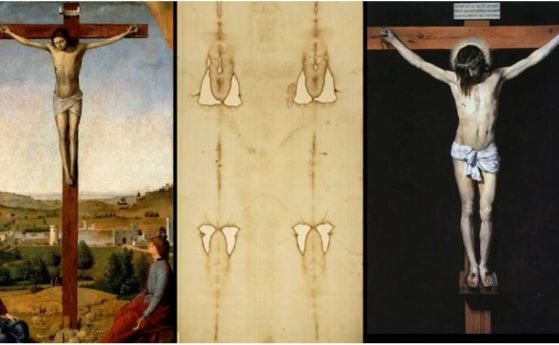 Плащеницата от Торино, парче плат, за което се предполага, че показва лицето на Исус между две картини на разпятието.
