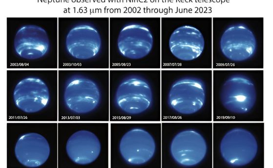 Драматичната промяна във външния вид на Нептун е наблюдавана в края на 2019 г. и се запазва до юни 2023 г. Както се вижда от тази компилация от изображения, Нептун имаше множество облачни характеристики организирани в географски ширини от преди 2002 г. до