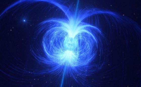 Концепция на художник за богатата на хелий звезда HD 45166, показваща нейните магнитни полета и нейната придружаваща звезда на заден план.