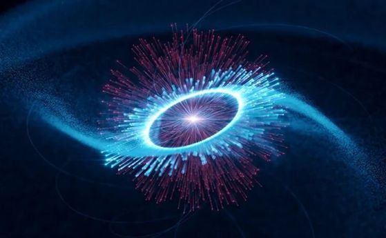 Концепция на художник от пулсара Вела, в центъра, и неговата магнитосфера, чийто ръб е маркиран от яркия кръг. Сините следи, насочещи навън, представят траекториите на ускорените частици. Те произвеждат гама радиация по рамената на въртяща се спирала чрез