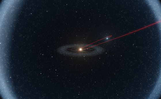 Илюстрация на Облака на Оорт, огромен сферичен резервоар от ледени тела във външната част на Слънчевата система. Обектите в облака на Оорт понякога могат да бъдат избутани към вътрешните части на Слънчевата система, като кометата, маркирана тук с червена 