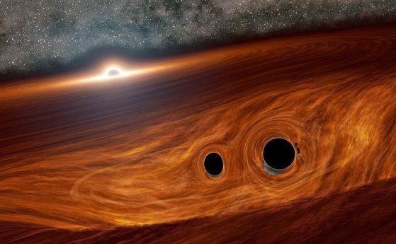 Илюстрация на двойка обикалящи една около друга черни дупки.