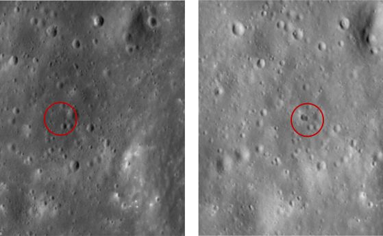 Това са приблизително 500-метрови участъци от лунния терен, заснети от LRO, показващи мястото на удара на Chang'e 5-T1 R/B и образувания двоен кратер