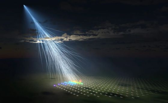 Илюстрация на художник на изключително високоенергийния космически лъч, наблюдаван от масив от повърхностни детектори на експеримента Telescope Array, наречен 