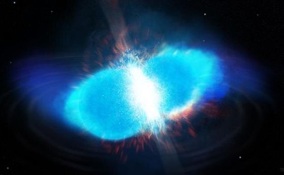 Сливането на две неутронни звезди е сред водещите кандидати за синтезиране на по-тежките елементи от периодичната таблица чрез процеса на бързо улавяне на неутрони. Изображението показва две неутронни звезди, които се сблъскват, освобождавайки неутрони, к