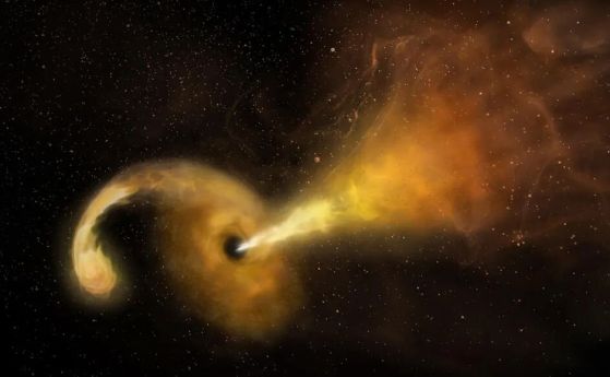 Концепция на художник за събитие на приливно смущение (TDE), което се случва, когато звезда премине фатално близо до супермасивна черна дупка, която реагира, като изстреля релативистична струя.