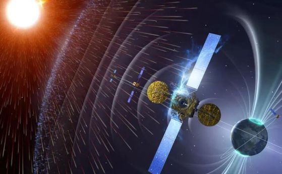 Колаж-рисунка показващ високоенергетични йони от Слънцето, които взаимодействат със земната магнитосфера и атакуват електрониката на сателитите в орбита около Земята