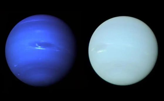 Оригиналната снимка на Нептун от Вояджър 2 (вляво) и преработеното изображение от новото изследване (вдясно).