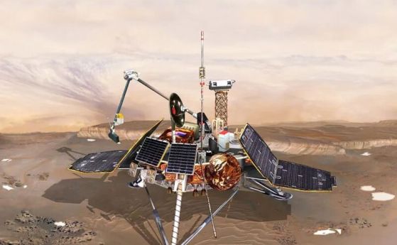 Mars Polar Lander на НАСА е проектиран да кацне близо до южната полярна шапка на Марс, за да копае воден лед с роботизирана ръка. 