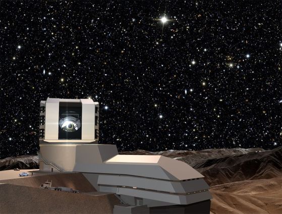 Звездно нощно небе осигурява фон за изграждането на съоръженията LSST на Cerro Pachón. LSST ще извърши дълбоко, десетгодишно изследване на изображения в шест широки оптични ленти върху основната зона за изследване от 18 000 квадратни градуса.