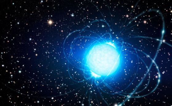 Концепция на художник за неутронната звезда-магнетар в звездния куп Westerlund 1.