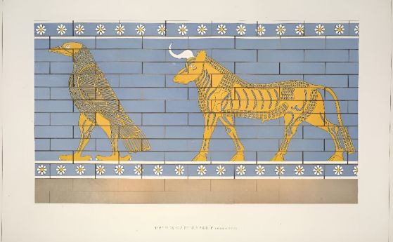 Илюстрация от края на 19 век на символите на орел и бик, публикувани от френския археолог Виктор Плас.