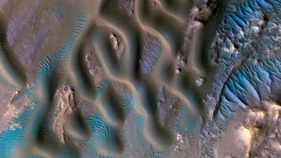 Изкуствено оцветено изображение, изобразяващо дюнно поле в района на кратера Гамбоа на Марс