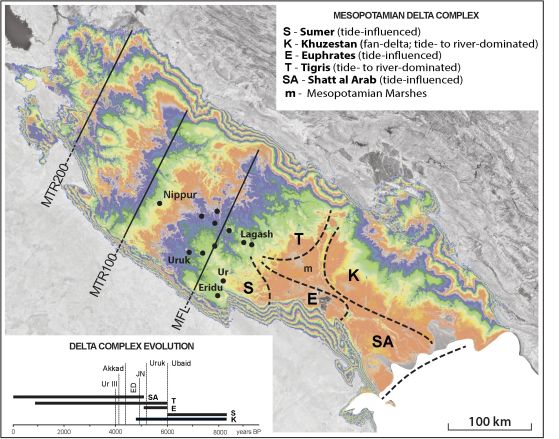 Еволюция на месопотамския делтов комплекс, съставен от аксиално ориентираните дялове на Шумер (S), Ефрат (E) и Тигър (T) и Шат ал-Араб (SA), както и напречната ветрилообразна делта на Хузестан (K). Шумерските градове, по-големи от 100 хектара, са показани с изведена максимална граница на наводнение (MFL).   https://doi.org/10.1371/journal.pone.0329084.g005