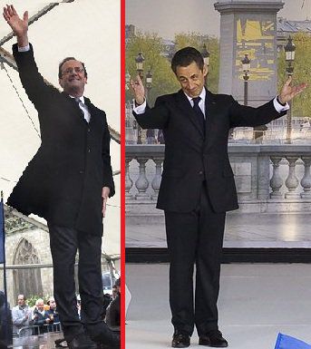 Оланд (вляво) и настоящият президент и негов основен опонент - Саркози Снимки:EPA / БГНЕС
