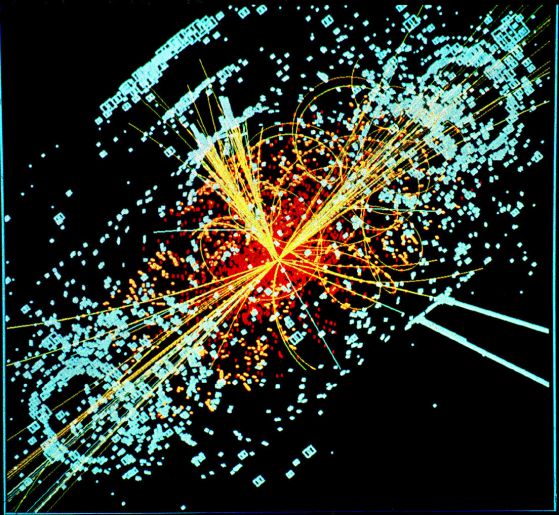 Един от възможните начини за изобразяване на Хигс бозон при удар между два протона. Частицата се вижда под формата на линиите, изстрелващи се от сблъсъка.