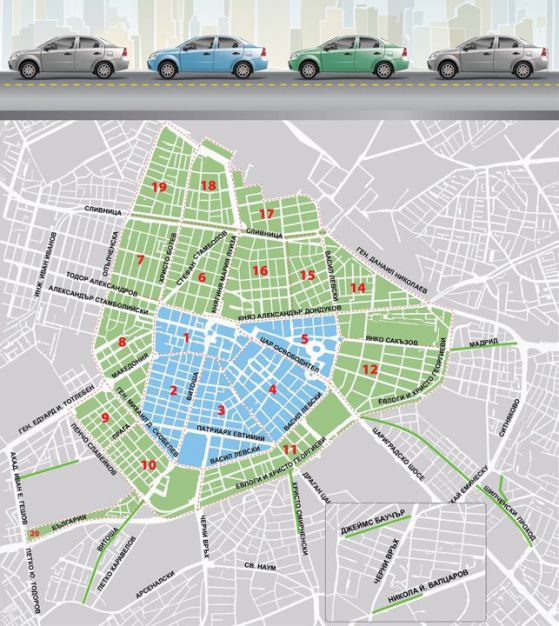 Новите синя и зелена зони за платено паркиране в София. Снимка: ЦГМ