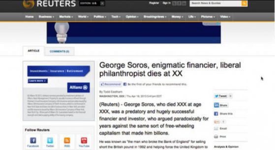 Публикацията на Ройтерс за смъртта на Джордж Сорос. Годините са отбелязани с ХХХ