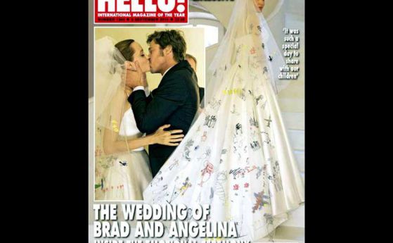 Анджелина Джоли със сватбената си рокля, изрисувана от децата й.