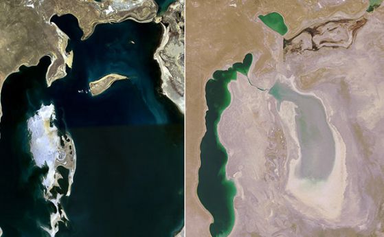 Аралско море през 1989 г. (вляво) и настоящата сателитна снимка на НАСА (вдясно).