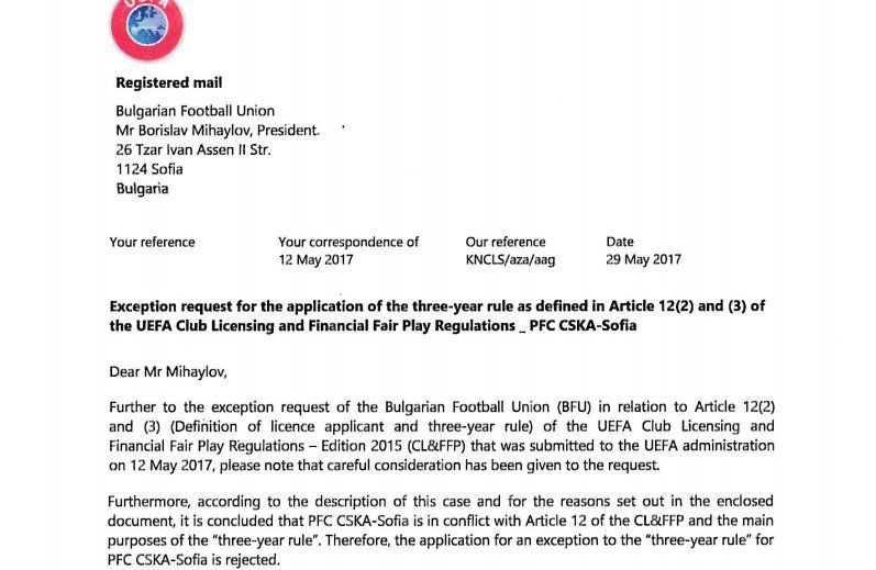 Решението на УЕФА да изхвърли ЦСКА-София от Европа за 3