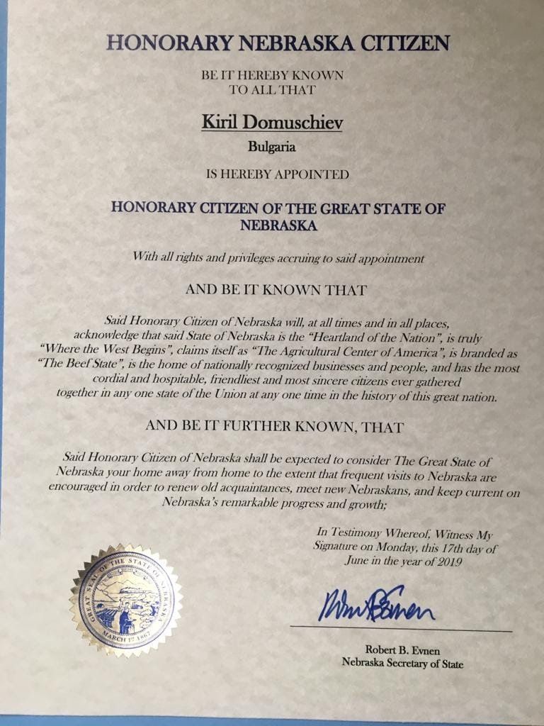 Председателят на КРИБ Кирил Домусчиев е станал почетен гражданин на щата
