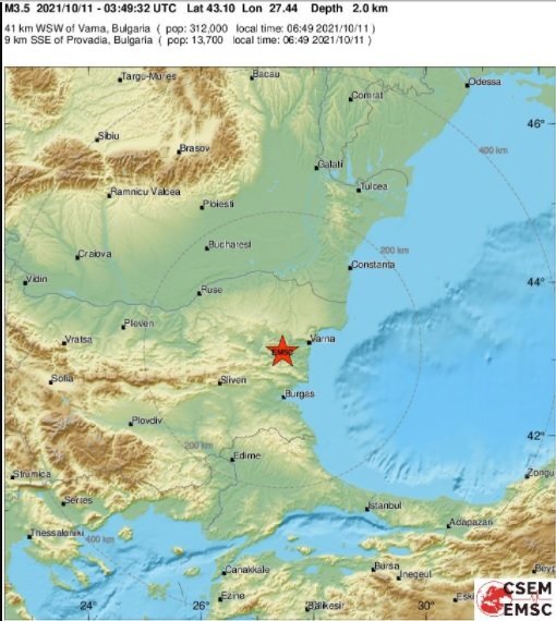 Земетресение с магнитуд 3 5 е станало в област Варна в