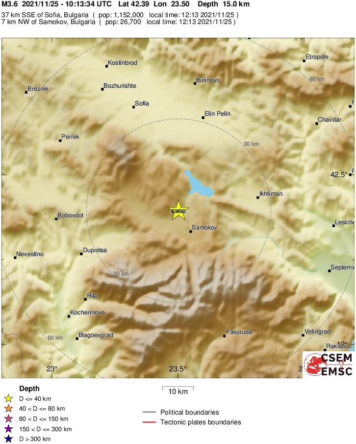 Земетресение с магнитуд 3 6 на 7 км северозападно от Самоков