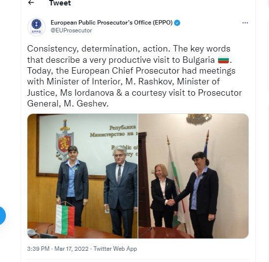 Европейският главен прокурор Лаура Кьовеши се е срещнала с обвинител