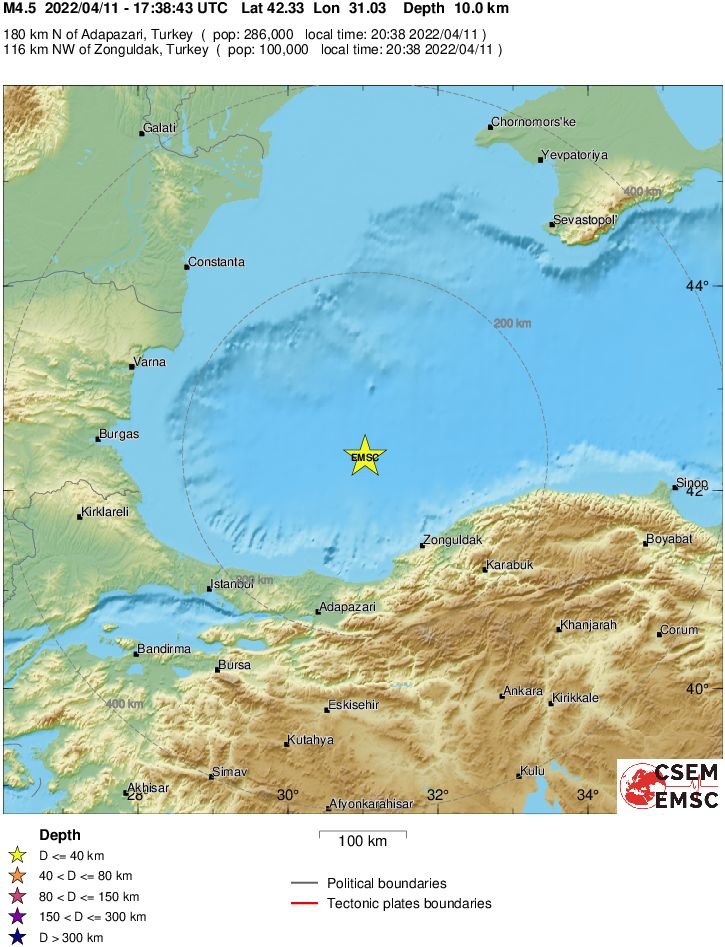Земетресение с магнитуд 4 5 стана снощи в Черно море Епицентърът е