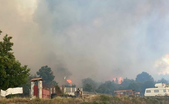 Голям пожар гори в източния край на Казанлък. Огънят е обхванал сухи треви и храсти, както и част от борова гора.