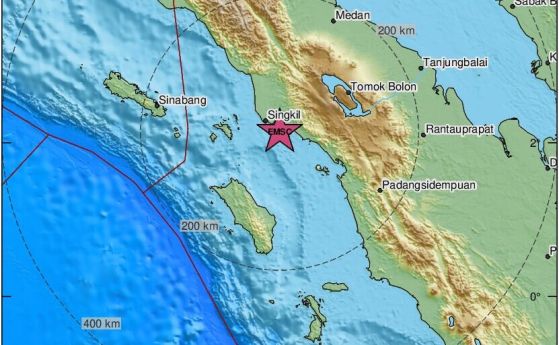 Карта на епицентъра на земетресението в Индонезия.