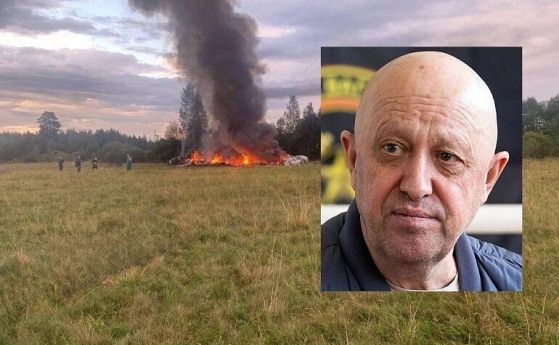 Евгений Пригожин (на малката снимка) на фона на горящия му паднал самолет.