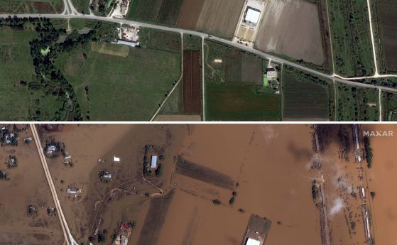Преди и след: Гледка от 16 септември 2022 г. на село Паламас в централната част на Тесалия, Гърция, и от 9 септември 2023 г., след като то е било наводнено след проливни дъждове по-рано през седмицата.
