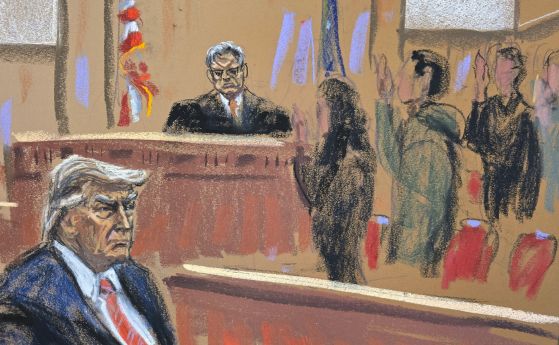 Скица на Доналд тръмп в съдебната зала при избора на съдебни заседатели по делото за плащане на пари за мълчание на 19 април 2024 г. 