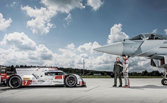 Странна среща: Audi R18 e-tron quattro мери сили с Eurofighter Typhoon