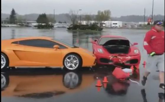 Конче срещу бик: Ferrari смаза Lambo в дъжда 