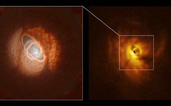 Наблюдавано е как протопланетен диск се разкъсва от трите си централни звезди