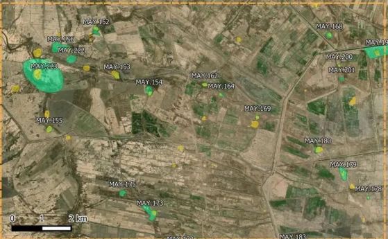 Карта на част от провинция Майсан, Ирак, показваща предполагаемото местоположение на археологически обекти