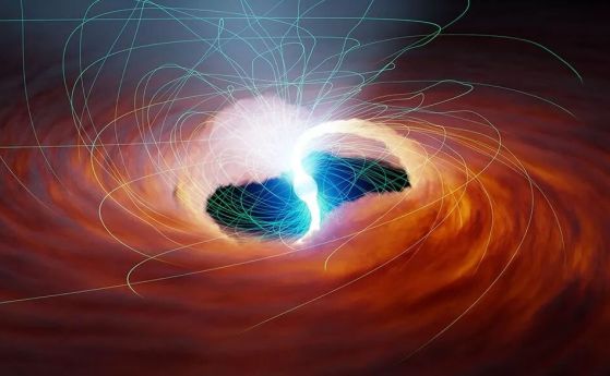 неутронна звезда - свръхярък източник на рентгенови лъчи - която се върти, докато камшиците на магнитно поле пронизват пространството