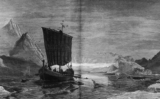  Илюстрация показва викингски кораб, заобиколен от китове и айсберги в Гренландия